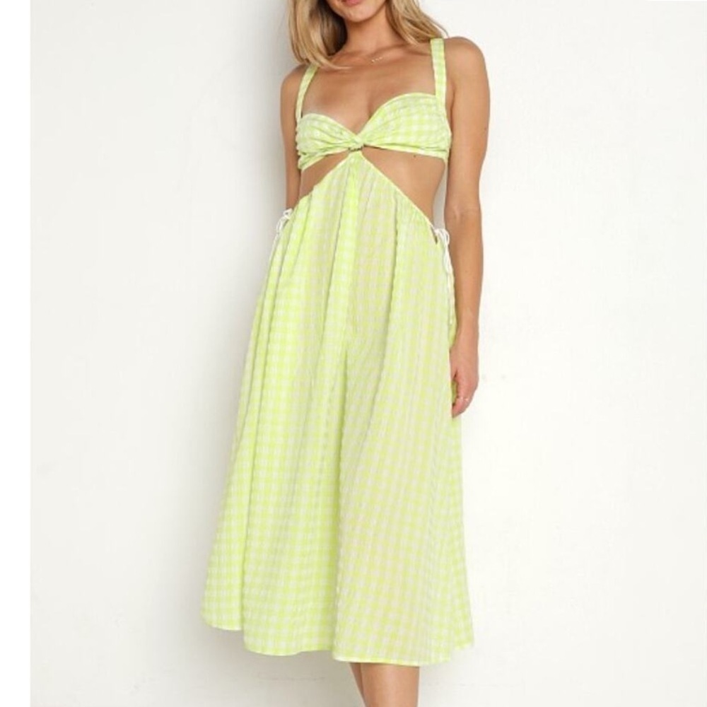 For Love & Lemons Maureen Midi Dress Lime Green Gingham Cutout Small Neon NWT - Picture 2 of 7